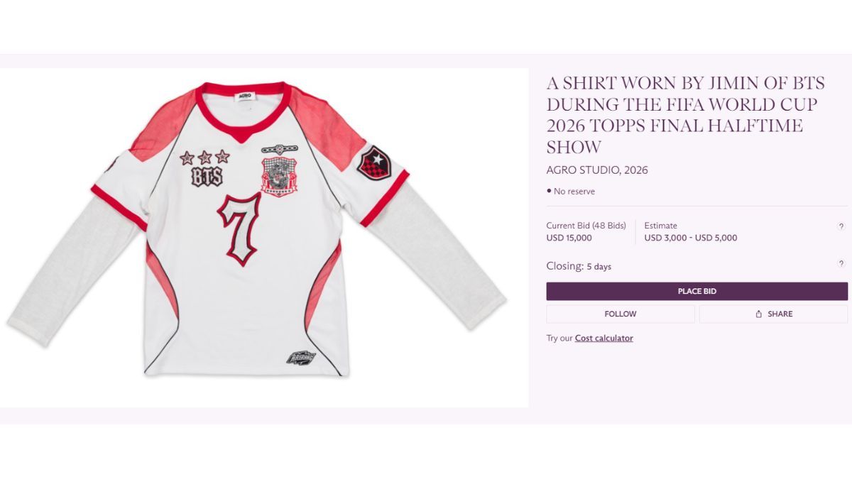 La camiseta que Jimin usó durante el espectáculo de medio tiempo de la final del Mundial 2026 es una de las piezas más cotizadas de la subasta. La camiseta que Jimin usó durante el espectáculo de medio tiempo de la final del Mundial 2026 es una de las piezas más cotizadas de la subasta.