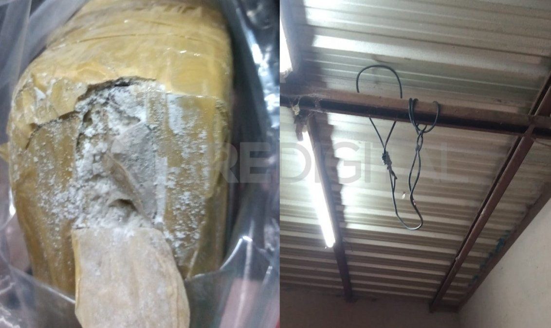Un ladrillo con talco y una soga atada a una viga del techo, parte de la escena con la que se encontraron los agentes de la AIC.