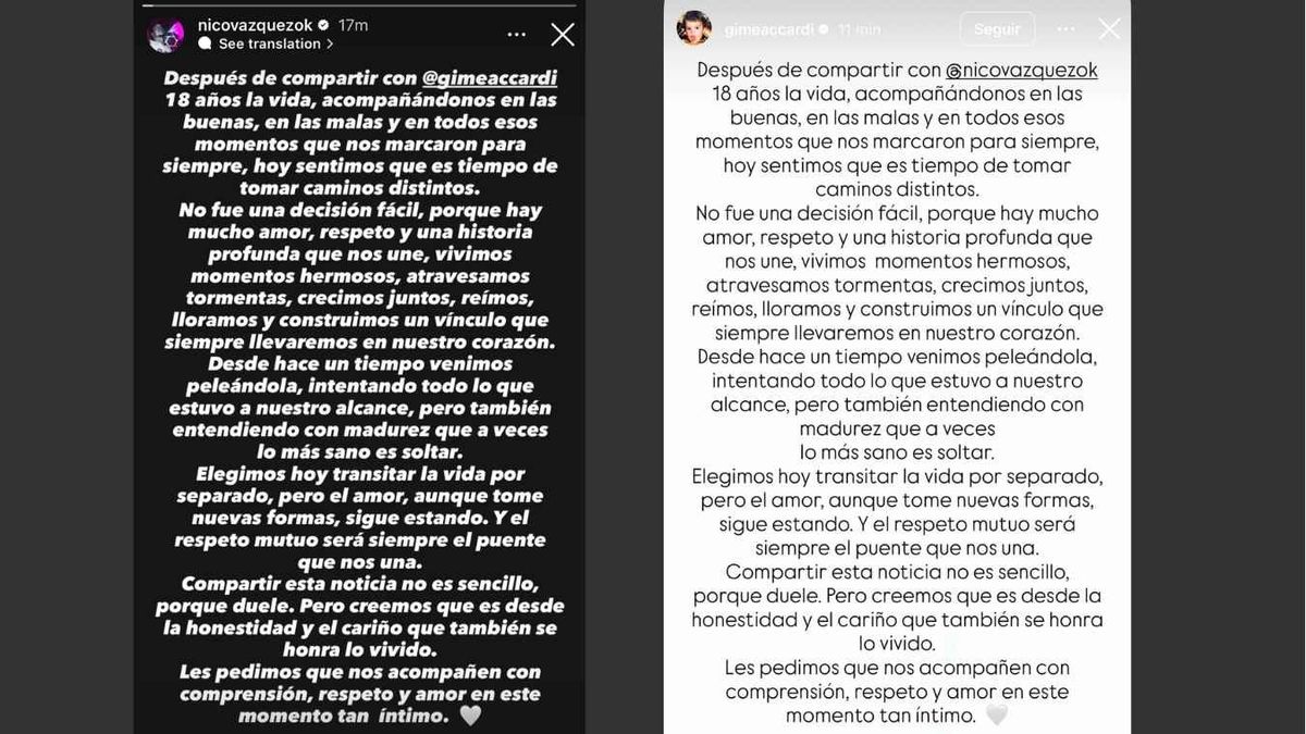 Los comunicados que emitieron Nico Vázquez y Gimena Accardi. Los comunicados que emitieron Nico Vázquez y Gimena Accardi.