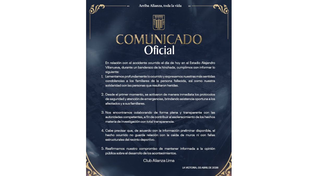 Alianza Lima emitió un comunicado tras la tragedia. (Foto: Alianza Lima). Alianza Lima emitió un comunicado tras la tragedia. (Foto: Alianza Lima).