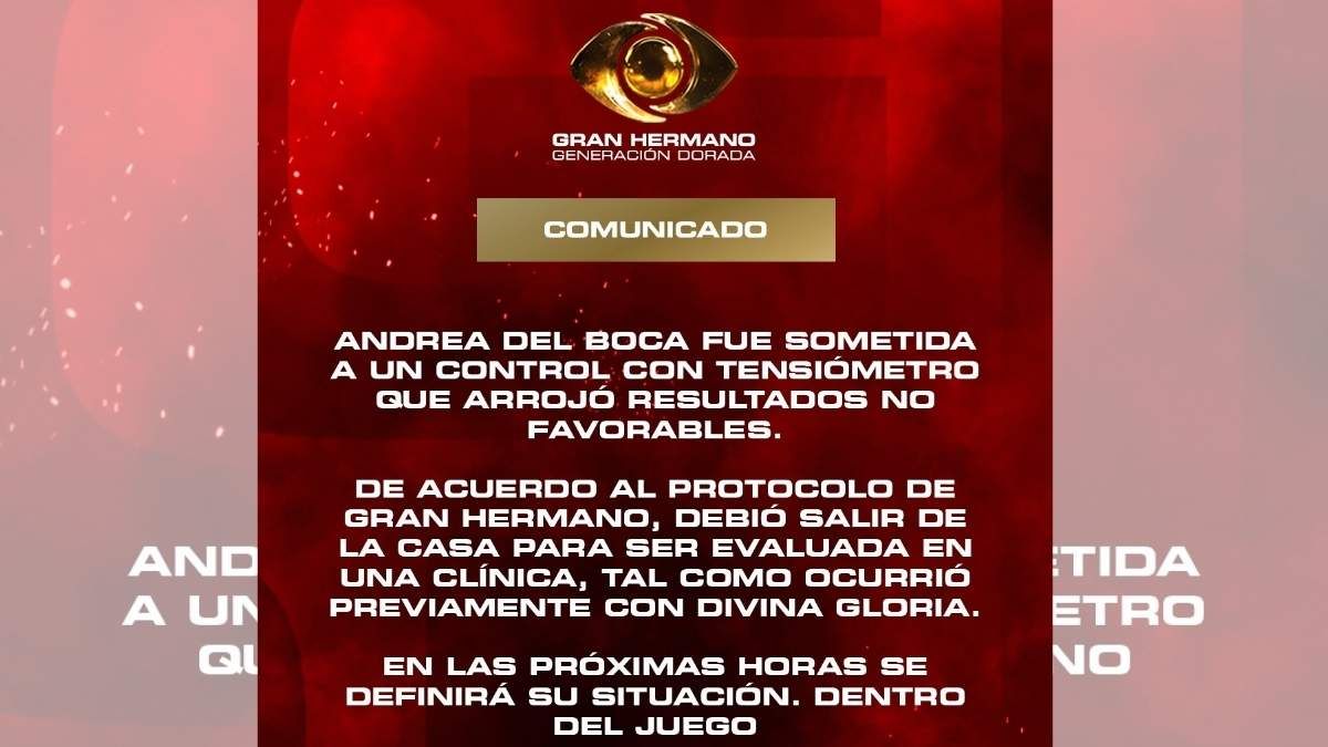 Telefe confirmó que los valores de presión de Andrea del Boca no eran óptimos para continuar en el encierro sin supervisión médica. Telefe confirmó que los valores de presión de Andrea del Boca no eran óptimos para continuar en el encierro sin supervisión médica.