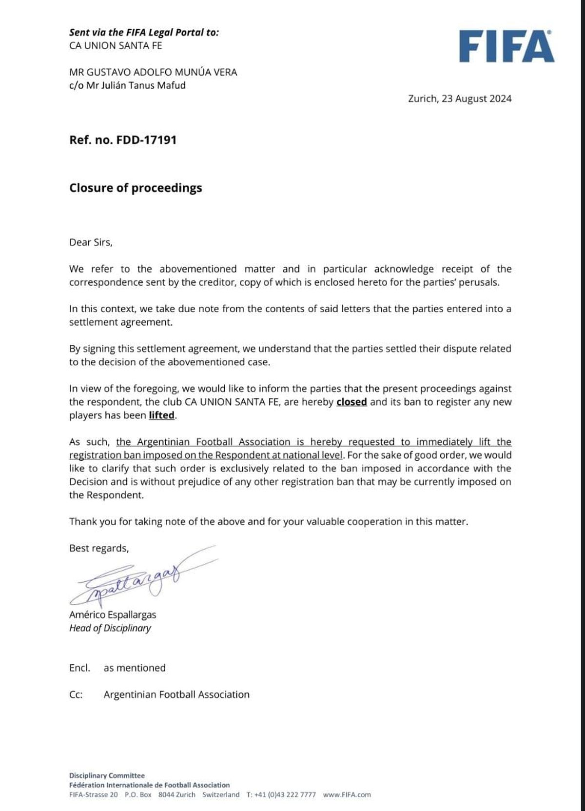 FIFA notificó el levantamiento de la inhibición que pesaba sobre Unión.  