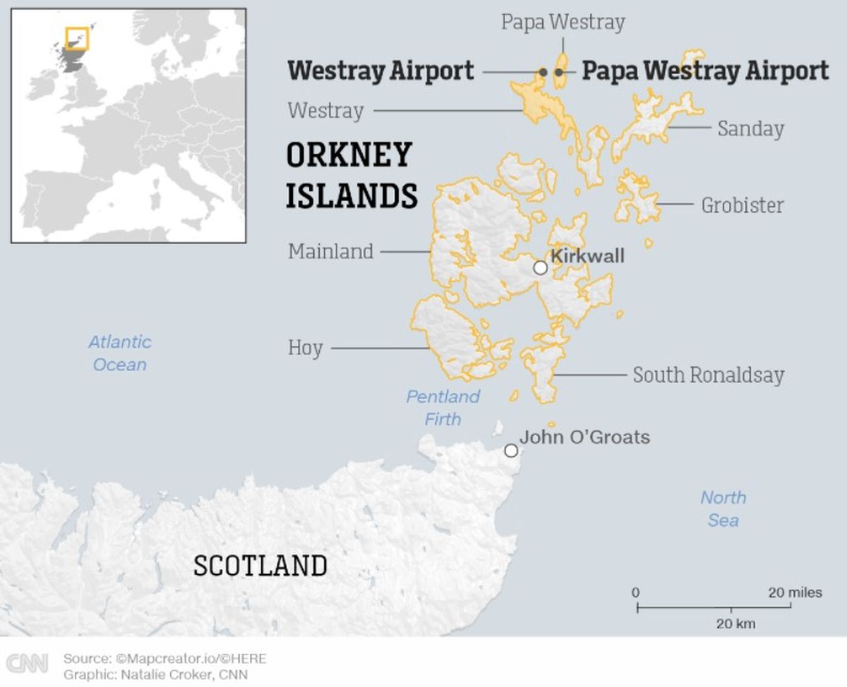 El mapa indica la localización de los aeródromos de las islas de Westray y Papa Westray, que integran el archipiélago de Orkney, al norte de Escocia, donde residen 600 y 90 personas, respectivamente.