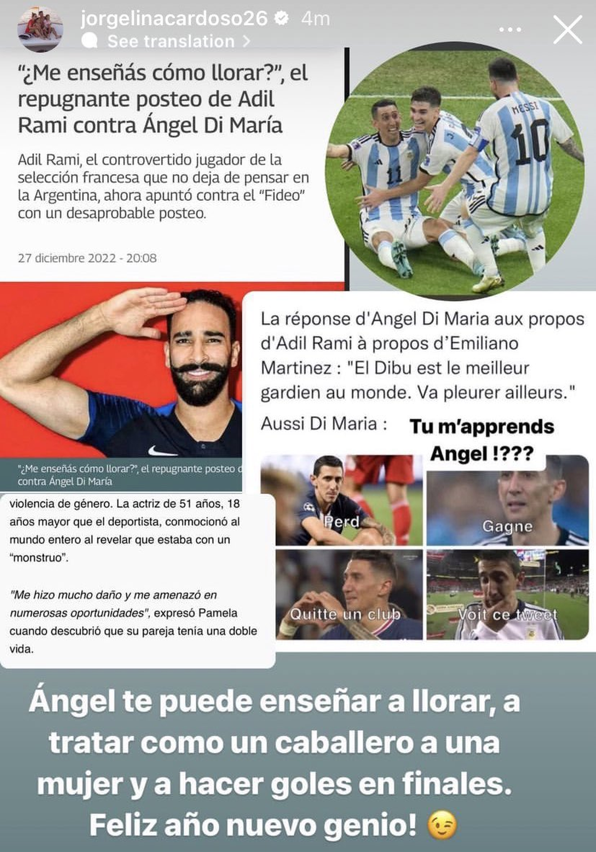 El posteo de Jorgelina Cardoso, esposa de Di María, para Adil Rami. (Captura de pantalla/@jorgelinacardoso26)