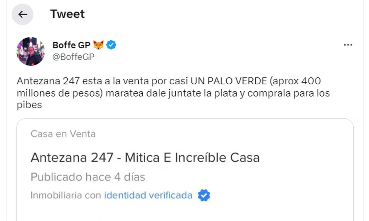 Un usuario de Twitter mostró que la famosa casa está en venta por un precio insólito. (Captura: Twitter/@BoffeGP)
