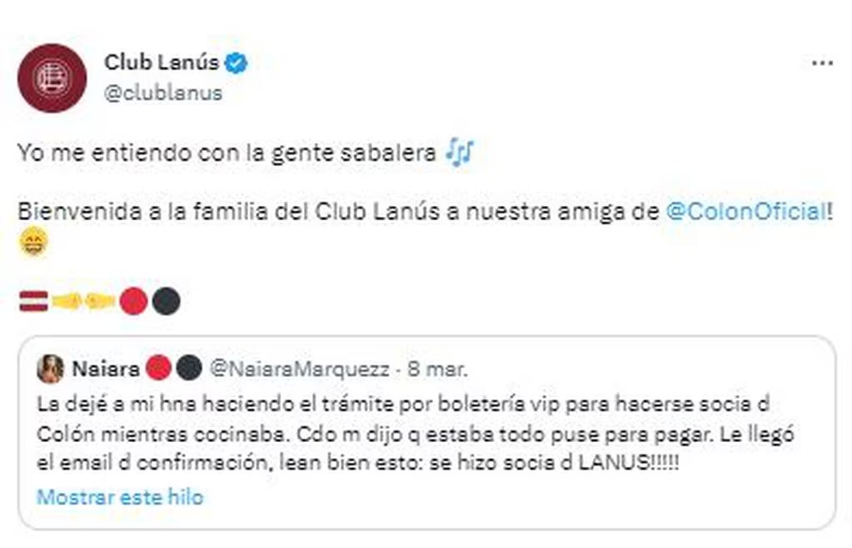 Se quiso hacer socia de Colón y terminó afiliándose a un club de Buenos Aires. Foto: Twitter