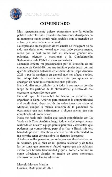 El comunicado de Marcelo Moreno Martins, de Bolivia, luego de su ataque contra Conmebol por los casos de coronavirus en la Copa América.