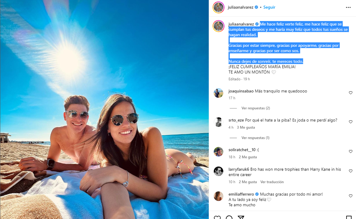 Julián Álvarez se sinceró. En su Instagram, el futbolista publicó un mensaje amor para su novia.