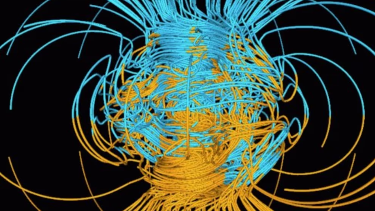 Una simulación por computadora del campo magnético de la Tierra, que se genera por transferencia de calor en el núcleo de la Tierra. (NASA/ GARY A. GLATZMAIER)