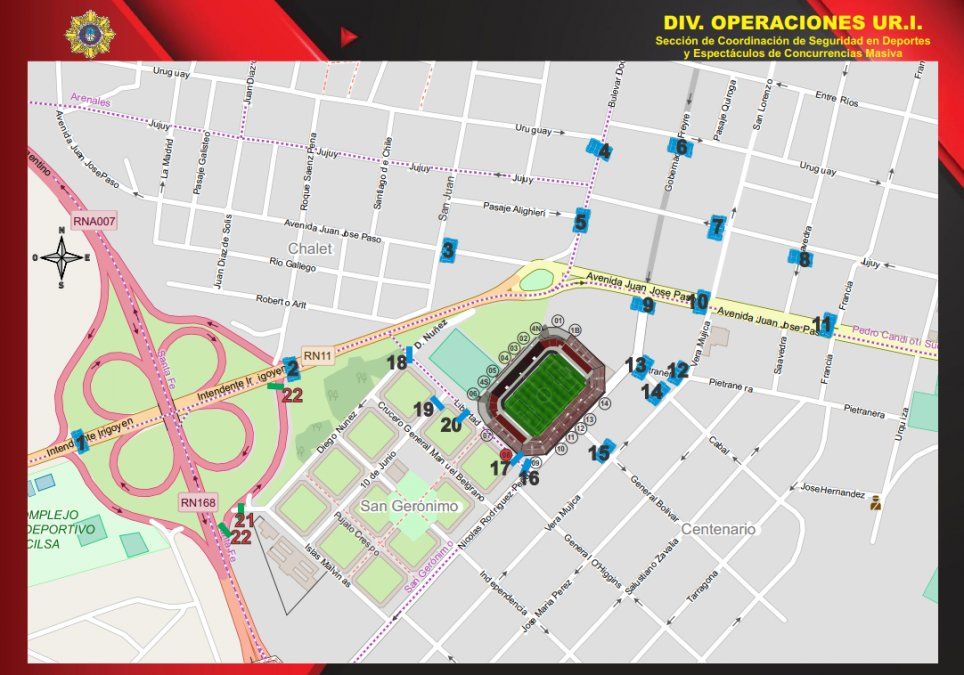 Cortes y desvíos en el operativo de seguridad del Club Atlético Colón y Peñlarol por la Copa Libertadores.