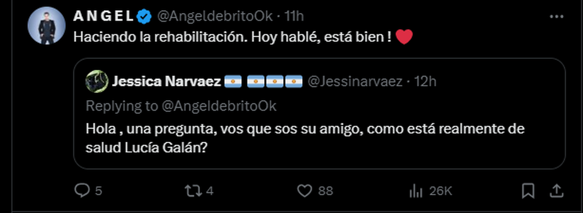 Ángel de Brito confirmó que Lucía Galán se encuentra bien. Ángel de Brito confirmó que Lucía Galán se encuentra bien.