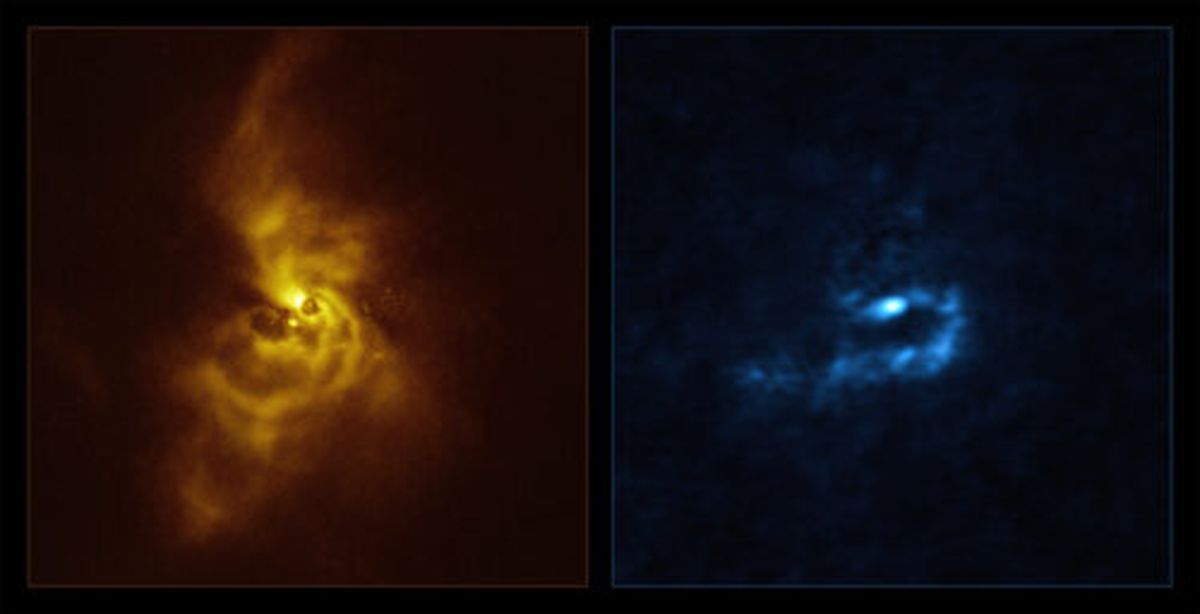 Lo que se ve amarillo en la imagen fue capturado por el Very Large Telescope (VLT) en donde se ve el nacimiento de una estrella y lo azul, en donde se estarían formando los planetas, es lo que observó ALMA desde Chile.