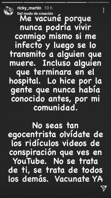 Ricky Martin apoya la vacunación contra el covid.