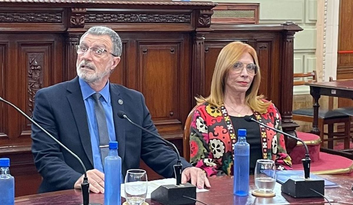 Ana Morel junto al ministro de Seguridad Rubén Rimoldi durante una reunión en la Cámara de Diputados