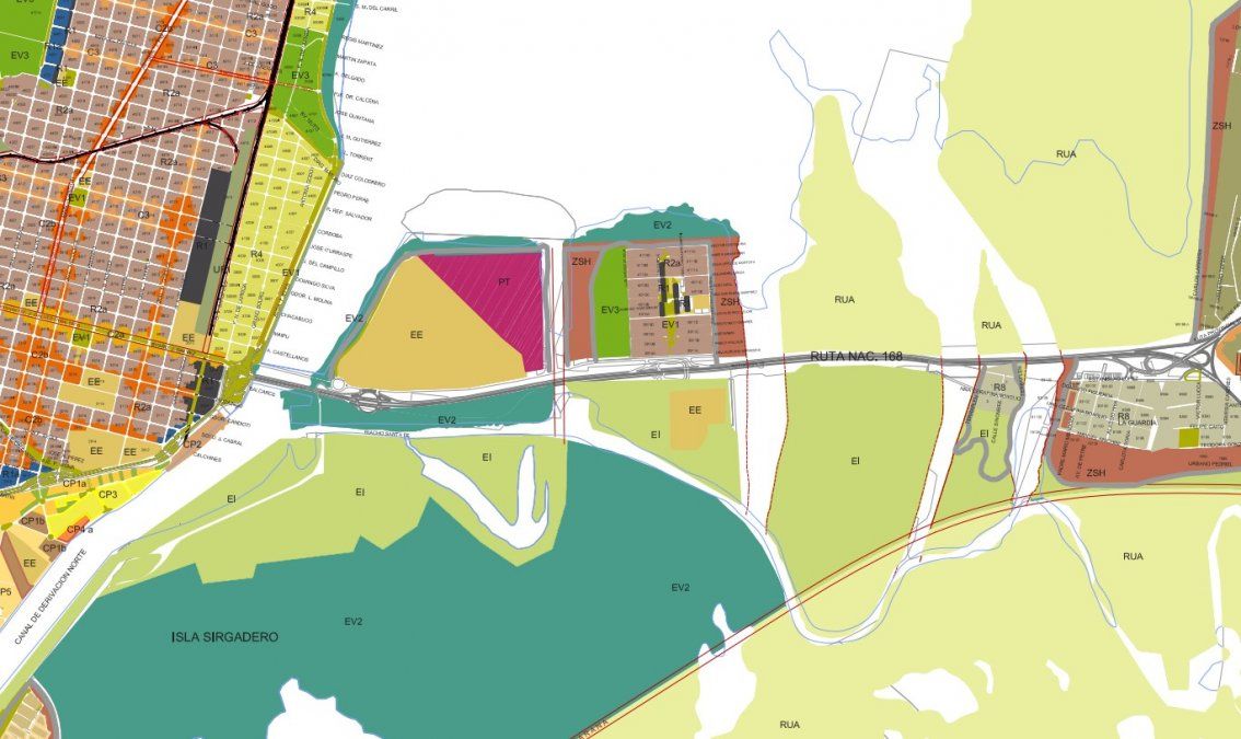 En el mapa del Registro de Ordenamiento Urbano (ROU) se puede ver que la franja delimitada por el puente, la Ruta Nacional 168, el riacho Santa Fe y el final de la zona de boliches está definida como EV2 (espacio verde ribereño).