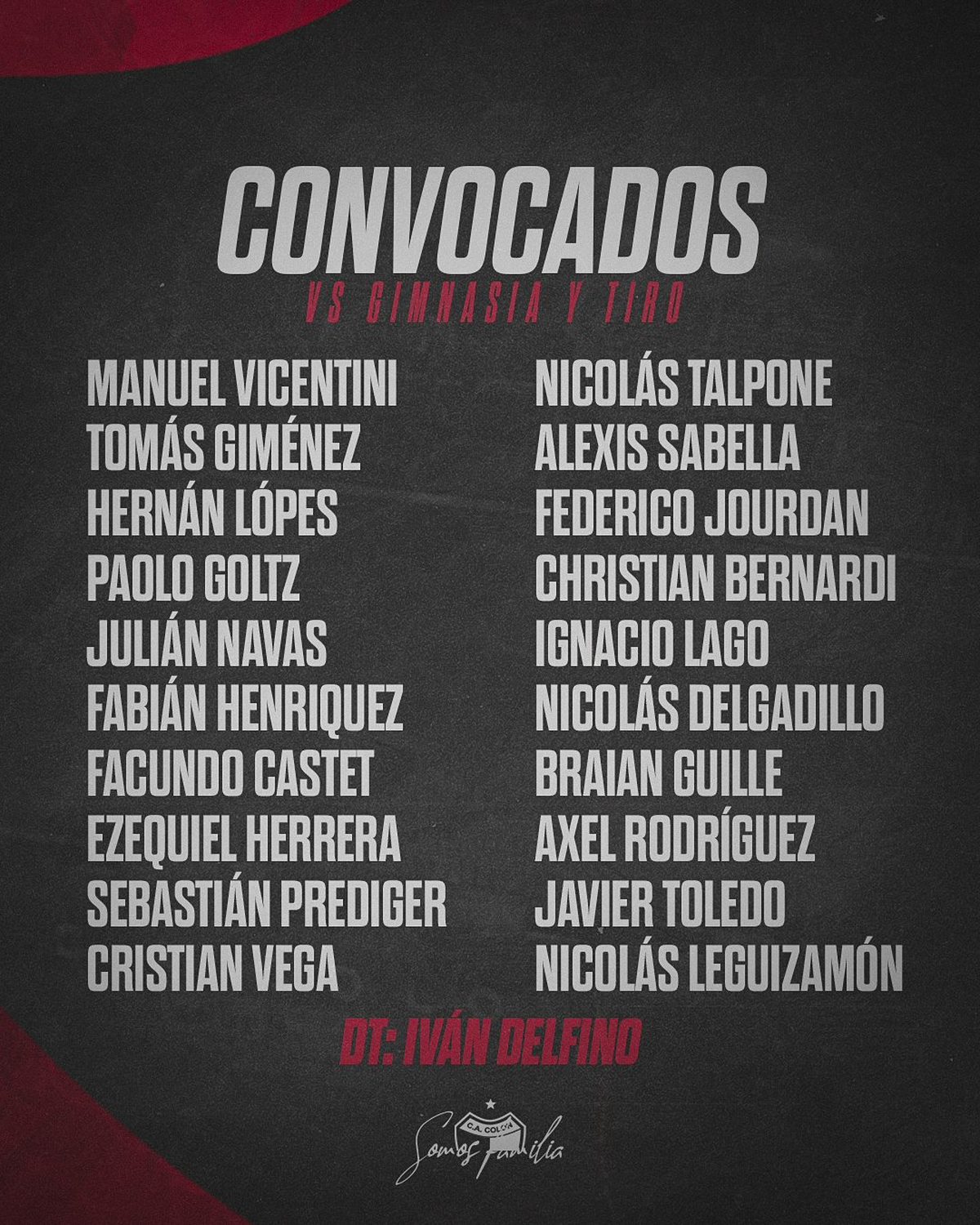 Los convocados de Colón para el partido vs. Gimnasia y Tiro de Salta. Los convocados de Colón para el partido vs. Gimnasia y Tiro de Salta.