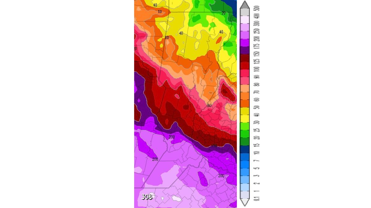 Hasta el domingo 2 de marzo, los acumulados en el sur serían superiores a 200mm, en el centro entre 70 y 150 y en el norte entre 20 y 70. Fuente: CMMC SAT Santa Fe