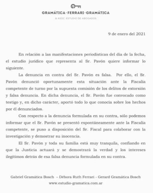El descargo del estudio jurídico que representa a Cristian Pavón