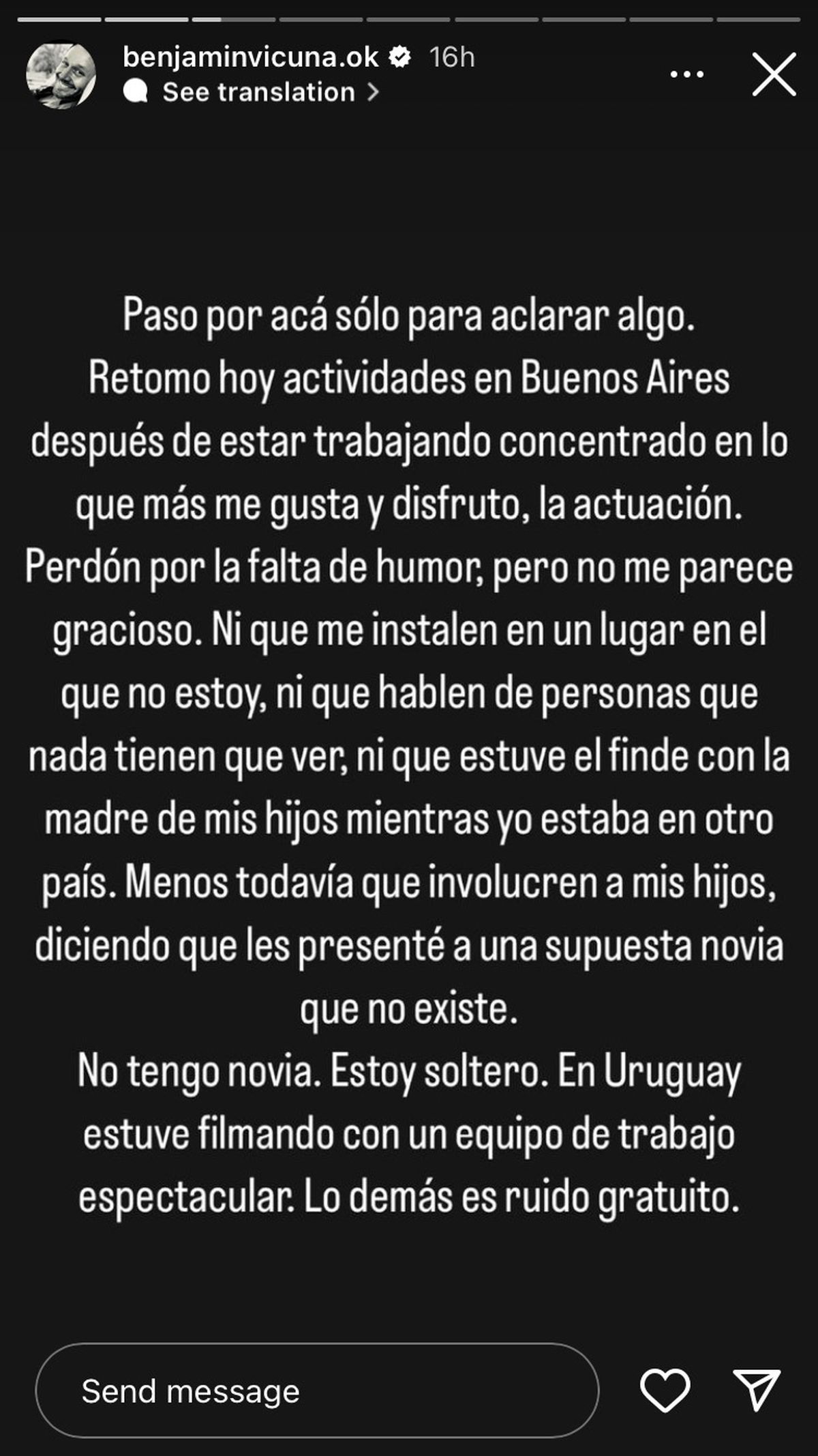 El descargo que hizo Benjamín Vicuña mediante su cuenta de Instagram este martes.