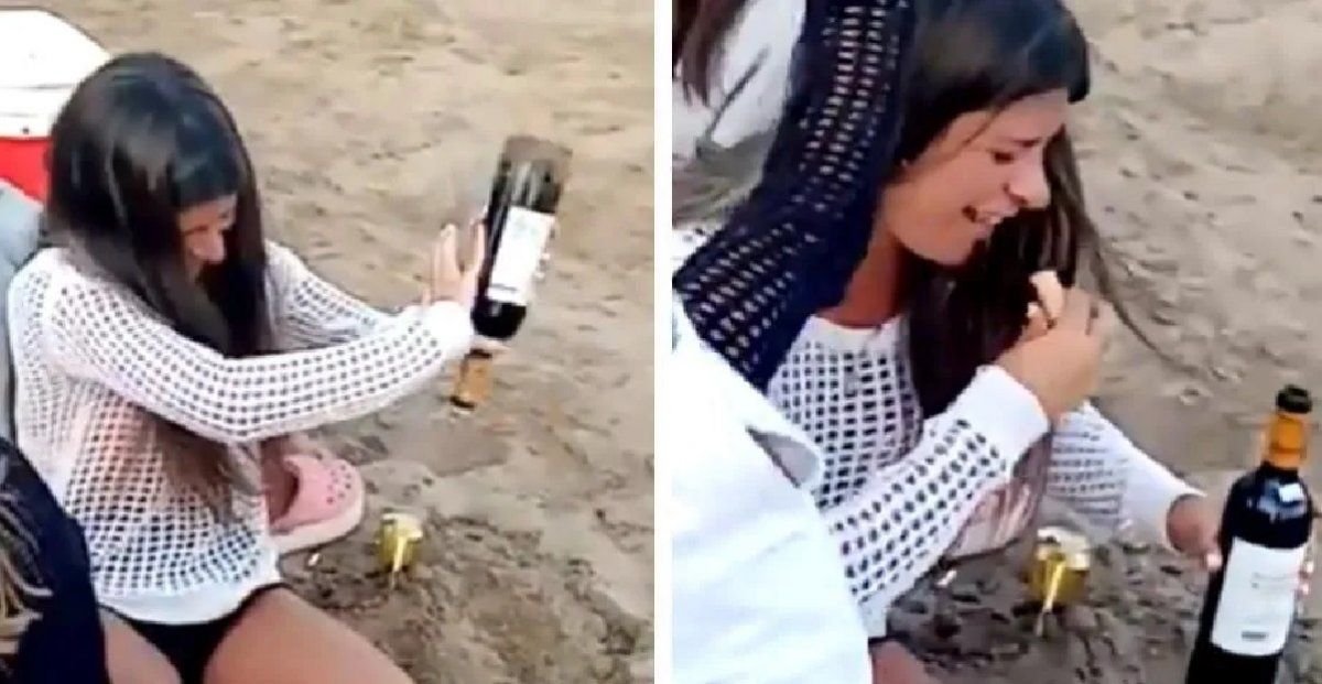 VIDEO: furor por el método playero de una joven para abrir un vino