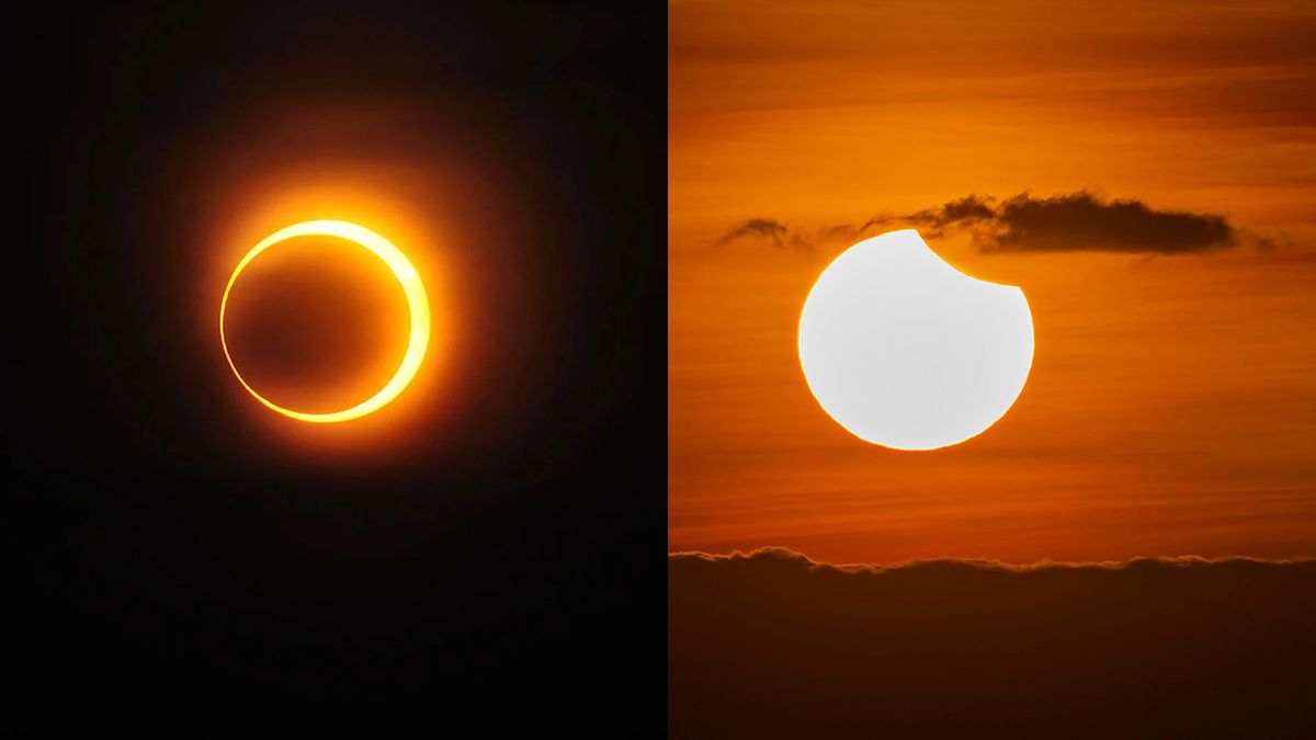 Derecha: un eclipse solar anular. Izquierda: eclipse solar parcial (como se verá en Santa Fe).