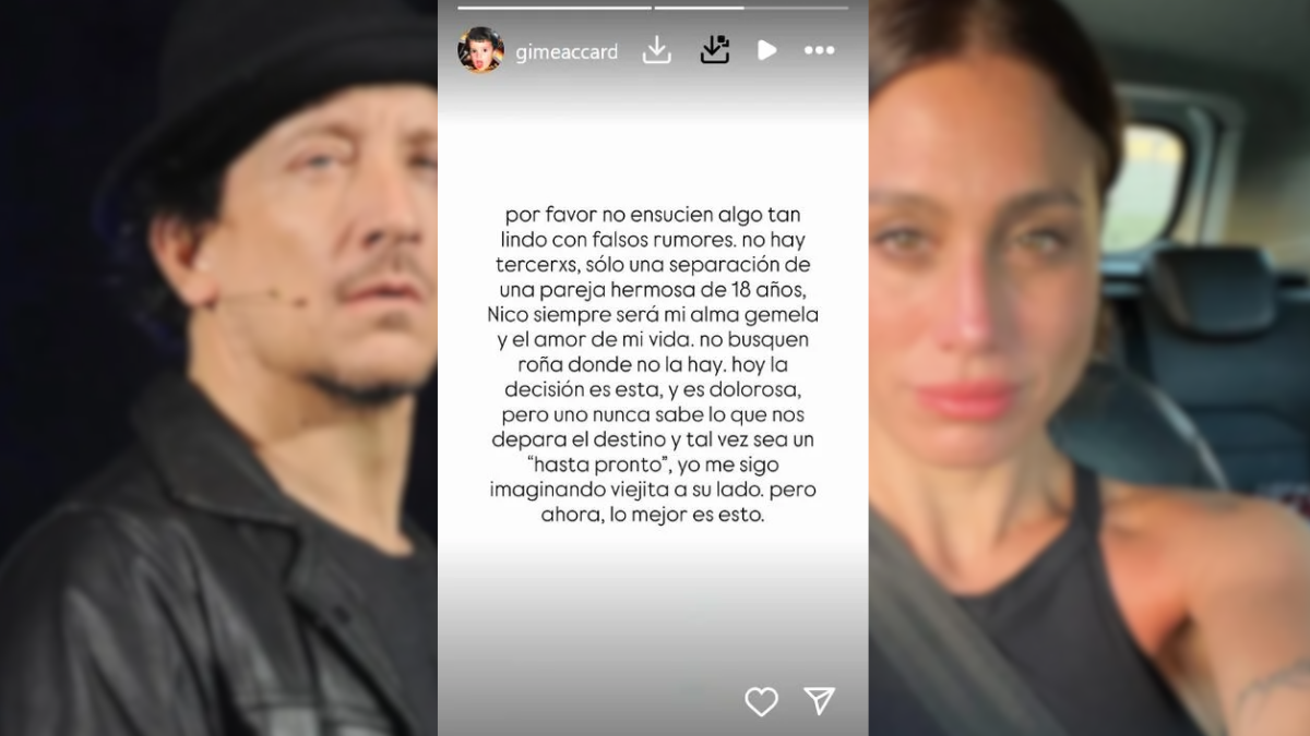 La aclaración de Gimena Accardi ante las versiones sobre una infidelidad detrás de su ruptura con Nico Vázquez. La aclaración de Gimena Accardi ante las versiones sobre una infidelidad detrás de su ruptura con Nico Vázquez.
