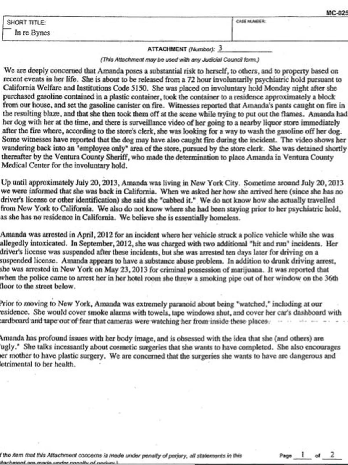 Extracto de la petici&oacute;n que realizaron los padres de Amanda Bynes para obtener la tutela de la actriz en septiembre del 2013.