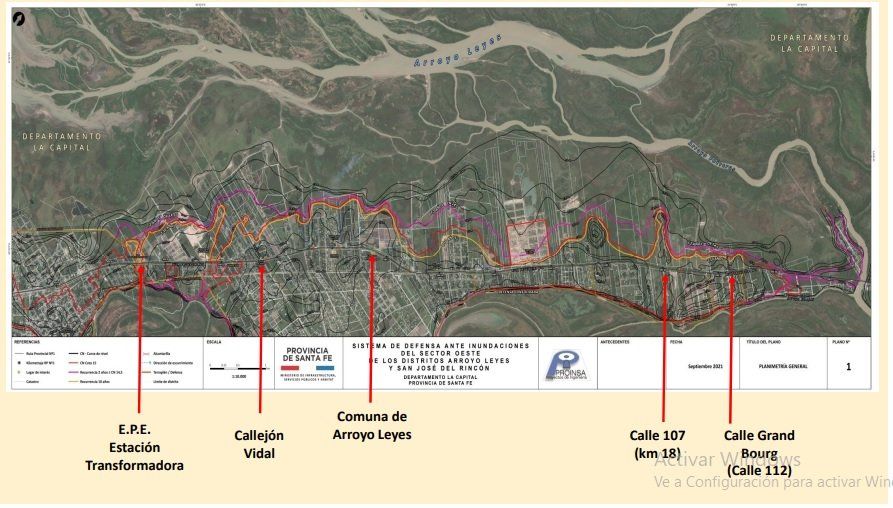 Mapa del proyecto de construcción de la defensa oeste en San José del Rincón y Arroyo Leyes.
