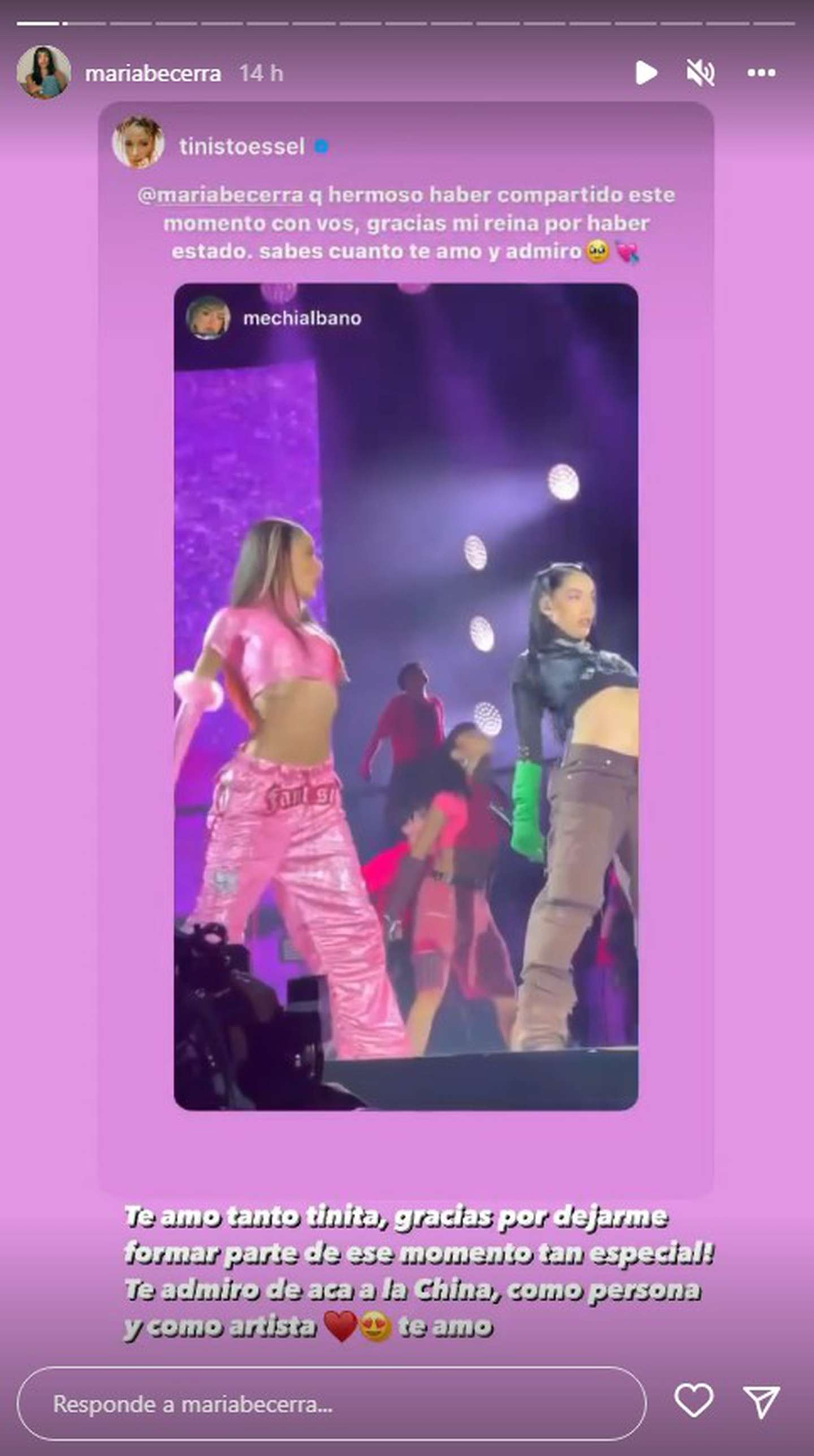 Mar&iacute;a Becerra le agradeci&oacute; a Tini Stoessel la invitaci&oacute;n a su show. (Foto: Instagram @mariabecerra)