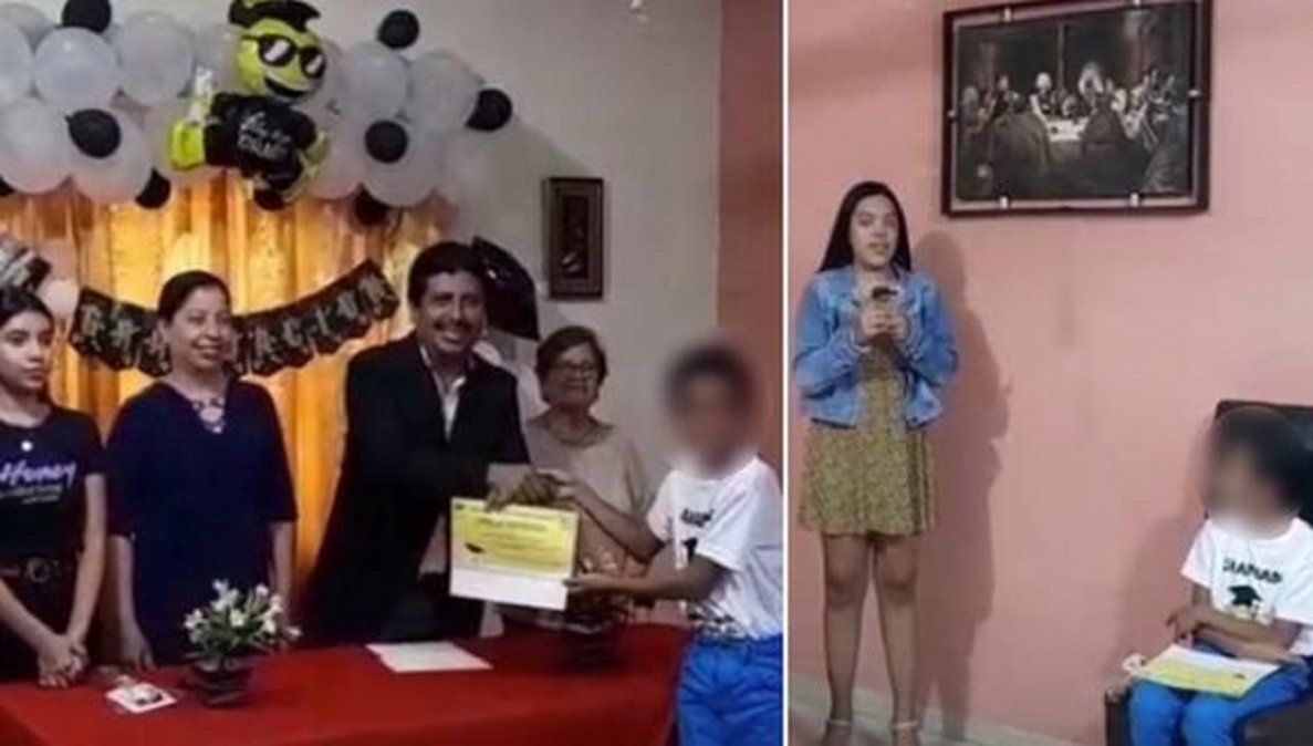 Video viral: terminó la primaria y su familia le organizó una ceremonia de graduación en casa para darle su diploma.