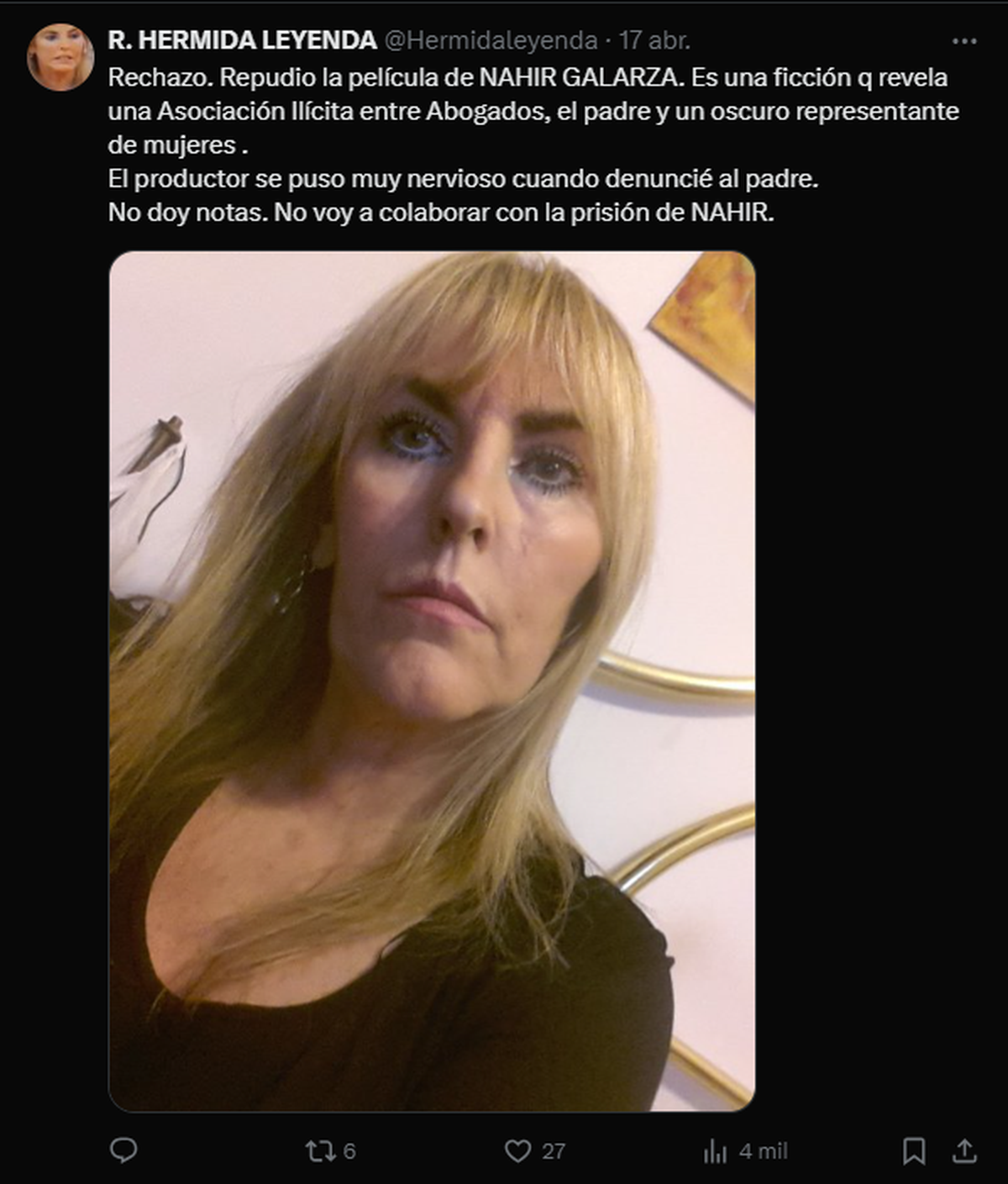 La abogada de Nahir Galarza denunció vía X (ex Twitter). La abogada de Nahir Galarza denunció vía X (ex Twitter).