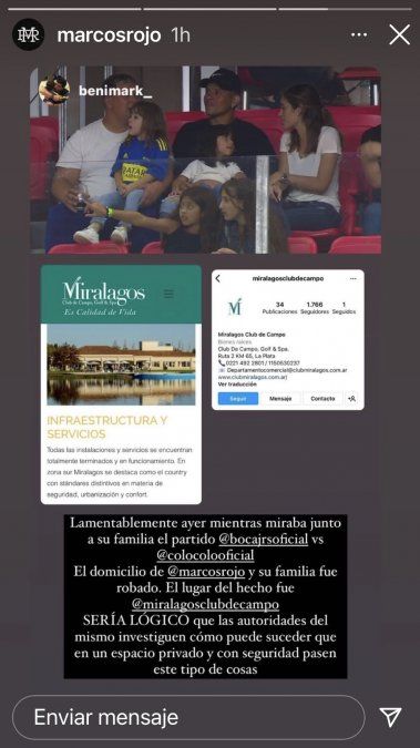 La historia de Instagram que public&oacute; Marcos Rojo luego de enterarse del robo en su propia casa.