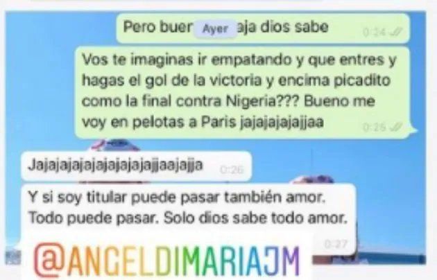 El chat de Ángel di María con su esposa antes de la final.