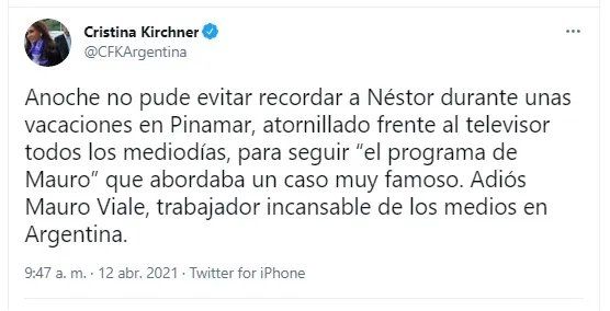 Cristina Kirchner despidió a Mauro Viale
