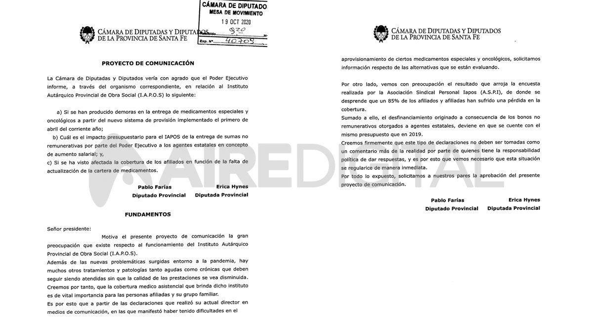 Este es el pedido de informes presentado por Erica Hynes y Pablo Farías en la Cámara de Diputados sobre el manejo de los medicamentos de Iapos.