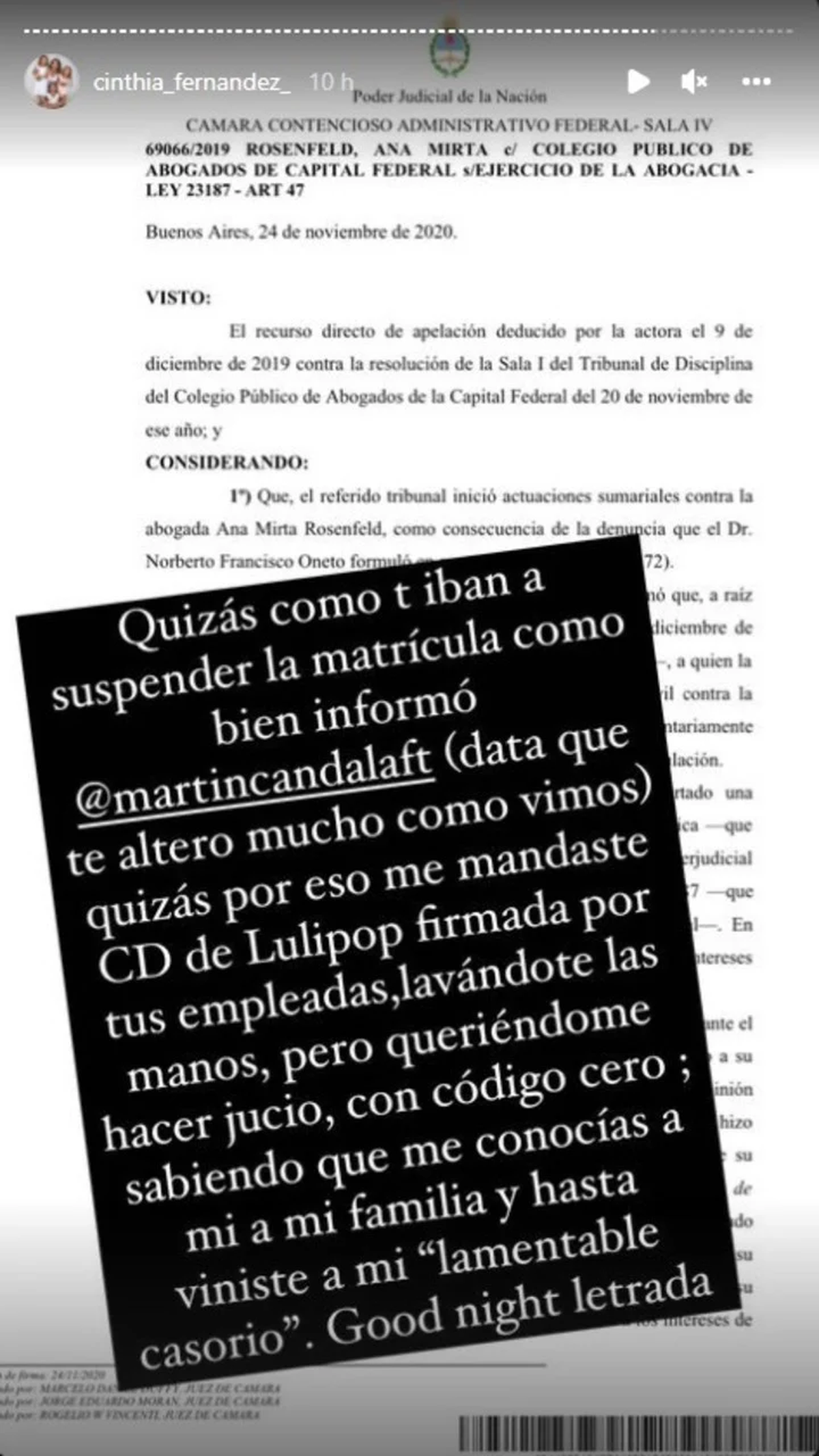 Cinthia Fernández contra Ana Rosenfeld.