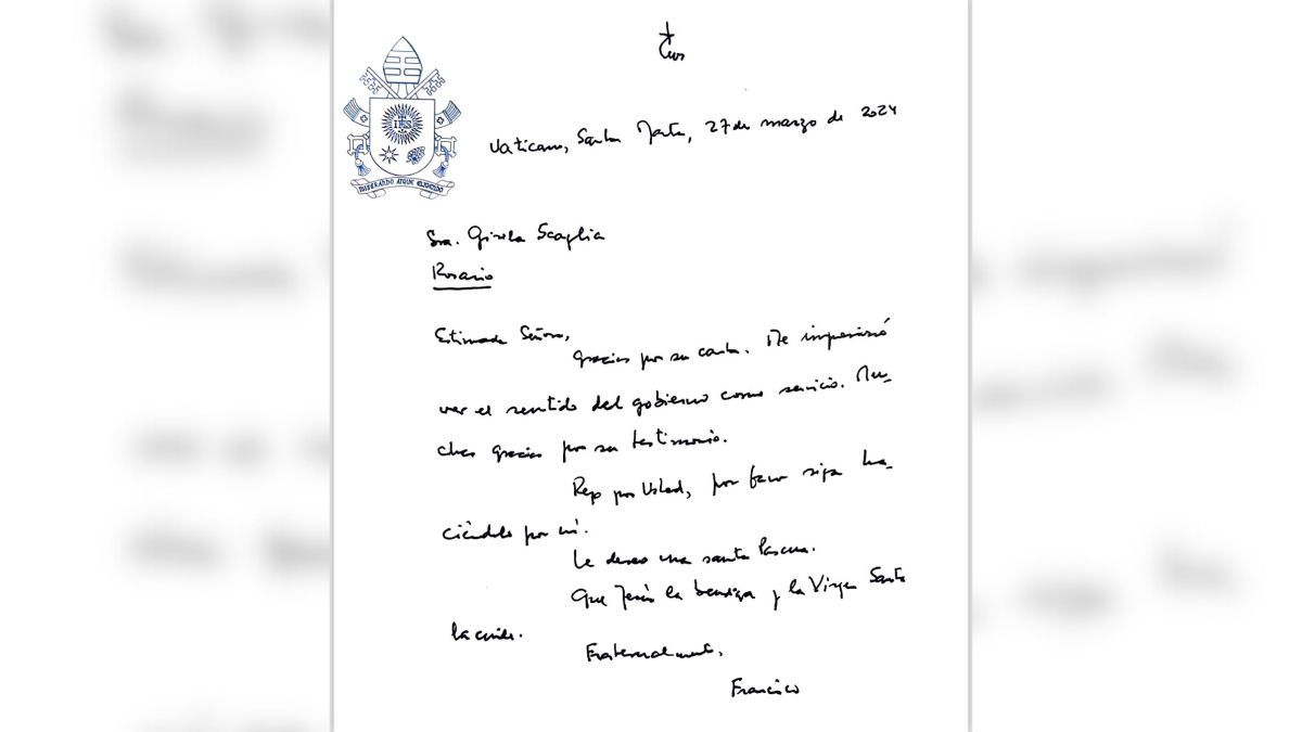 La carta que el Papa Francisco le envió a Gisela Scaglia, vicegobernadora de Santa Fe. La carta que el Papa Francisco le envió a Gisela Scaglia, vicegobernadora de Santa Fe.