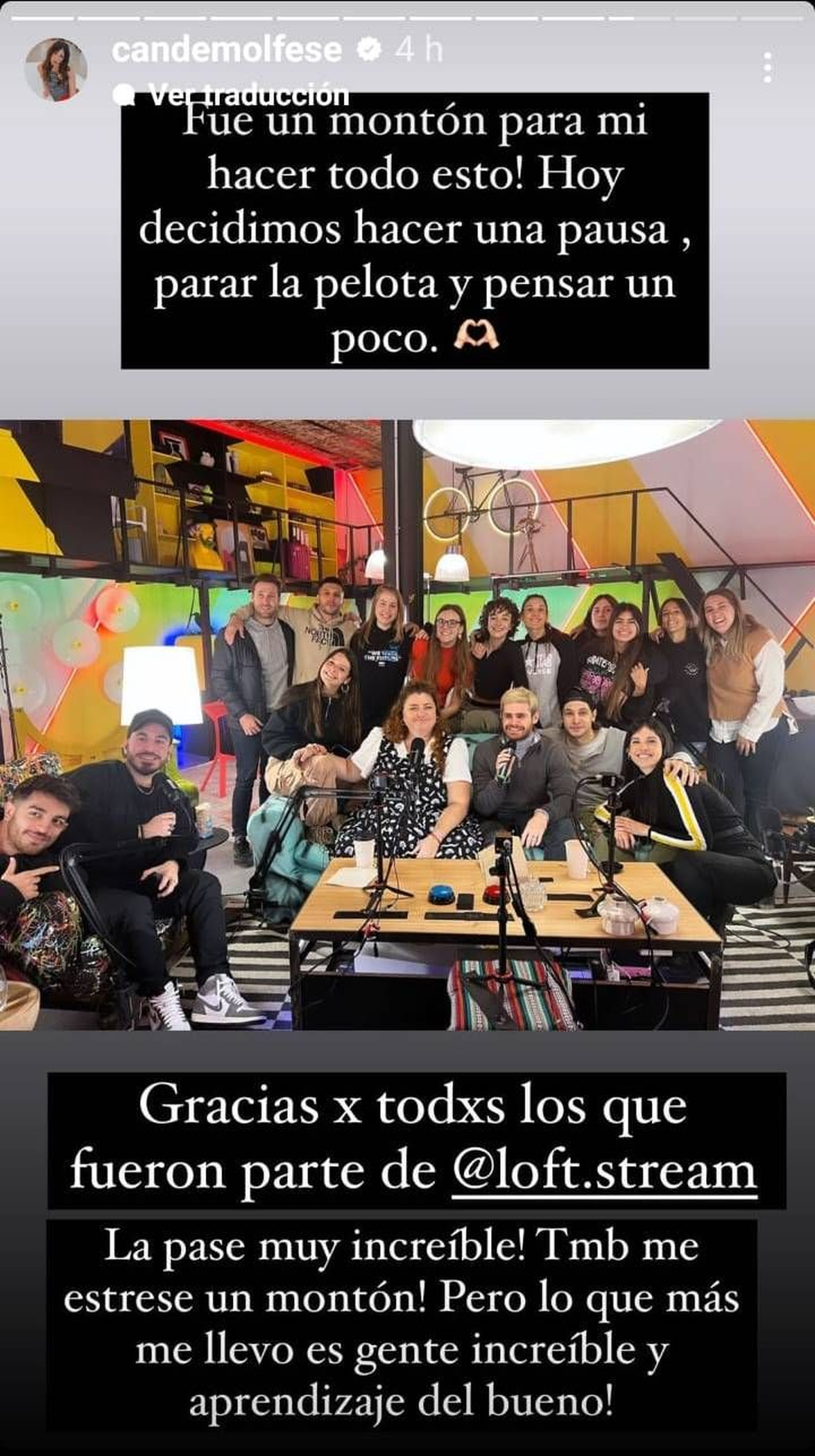 Cande Molfese anunció la pausa de su canal de streaming, "Loft".