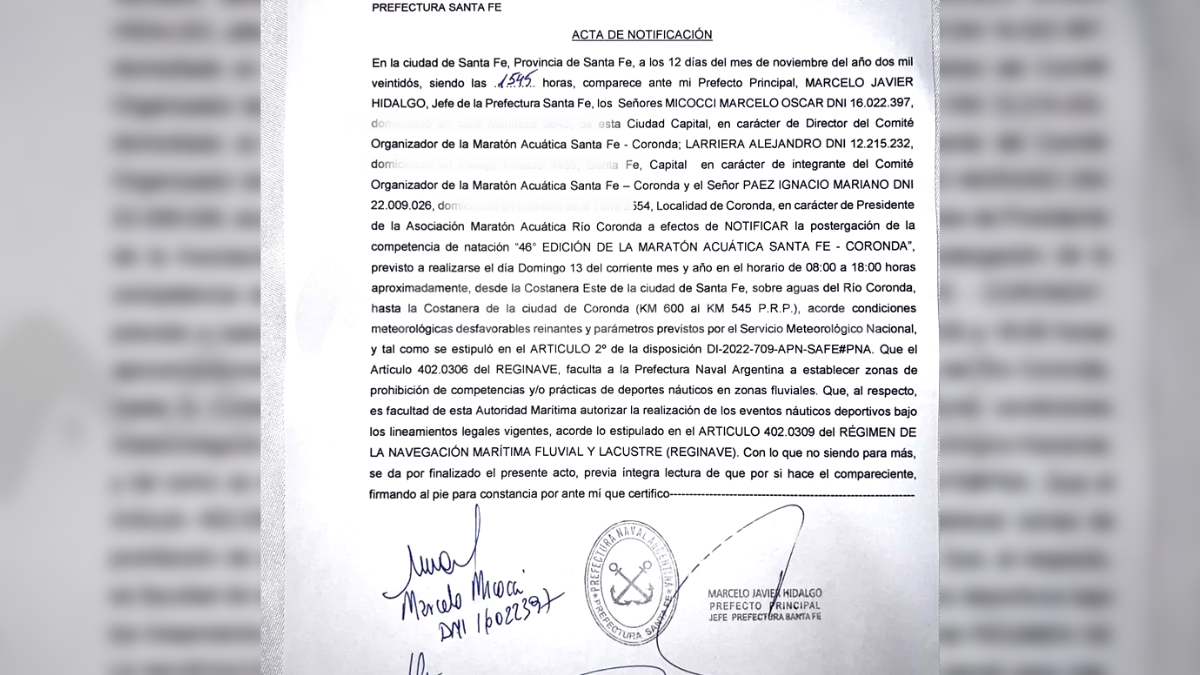 Acta de Notificación de Prefectura Naval Argentina sobre la postergación de la Maratón Santa Fe-Coronda