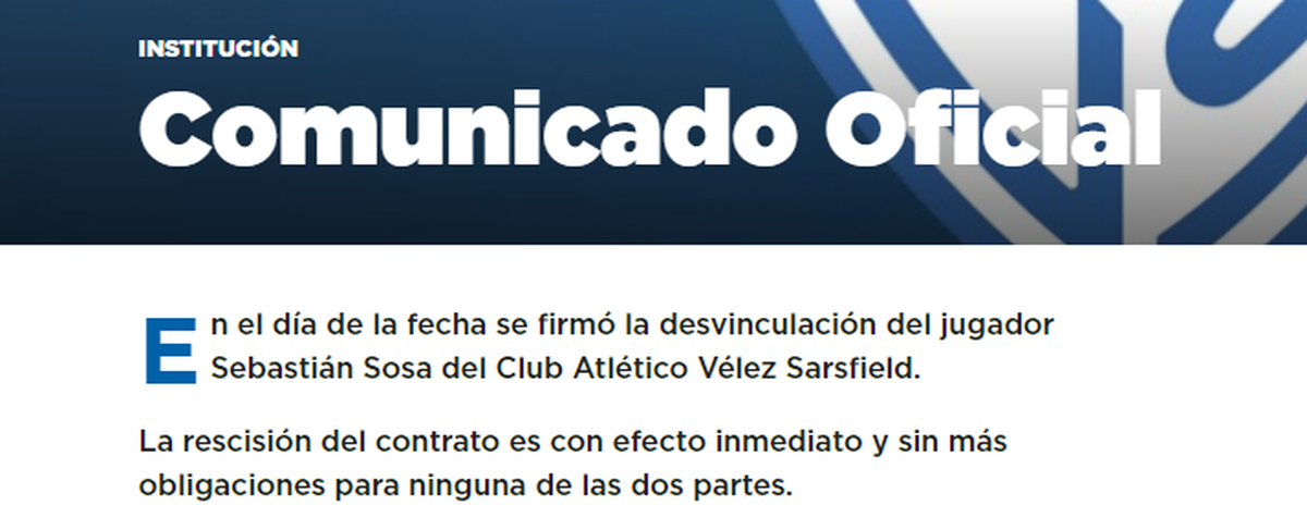 Vélez comunicó oficialmente la rescisión del contrato de Sebastián Sosa. Vélez comunicó oficialmente la rescisión del contrato de Sebastián Sosa.