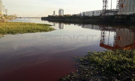 Aguas rojas. Así se ve un sector del Dique 2 del Puerto de Santa Fe. Se desconoce qué originó el color rojizo del agua. Aguas rojas. Así se ve un sector del Dique 2 del Puerto de Santa Fe. Se desconoce qué originó el color rojizo del agua.