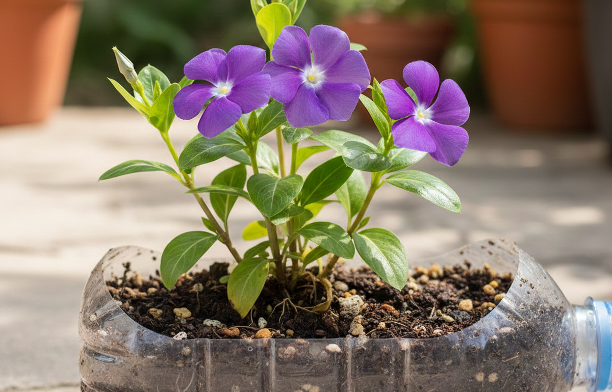 La vinca es la flor ideal para sembrar en botella.