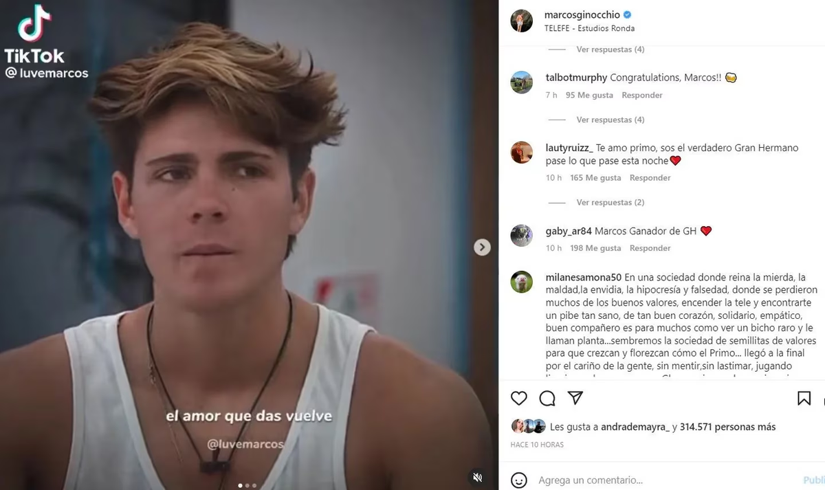 Talbot Murphy, un guionista que fue nominado al Oscar, le escribio un tierno mensaje a Marcos tras ganar Gran Hermano.