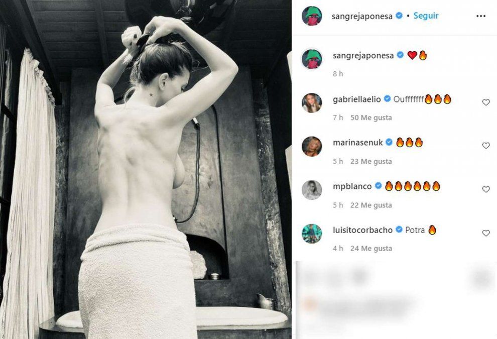 La China Suárez, en topless antes de meterse a la bañera.