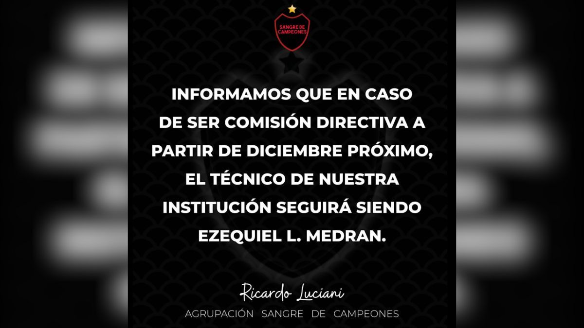 La agrupación de Ricardo Luciani confirmó que Ezequiel Medrán seguirá como DT de Colón si gana las elecciones.