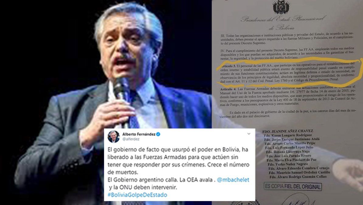Alberto Fernández criticó el decreto de Áñez que exime de responsabilidad por la represión a las Fuerzas Armadas
