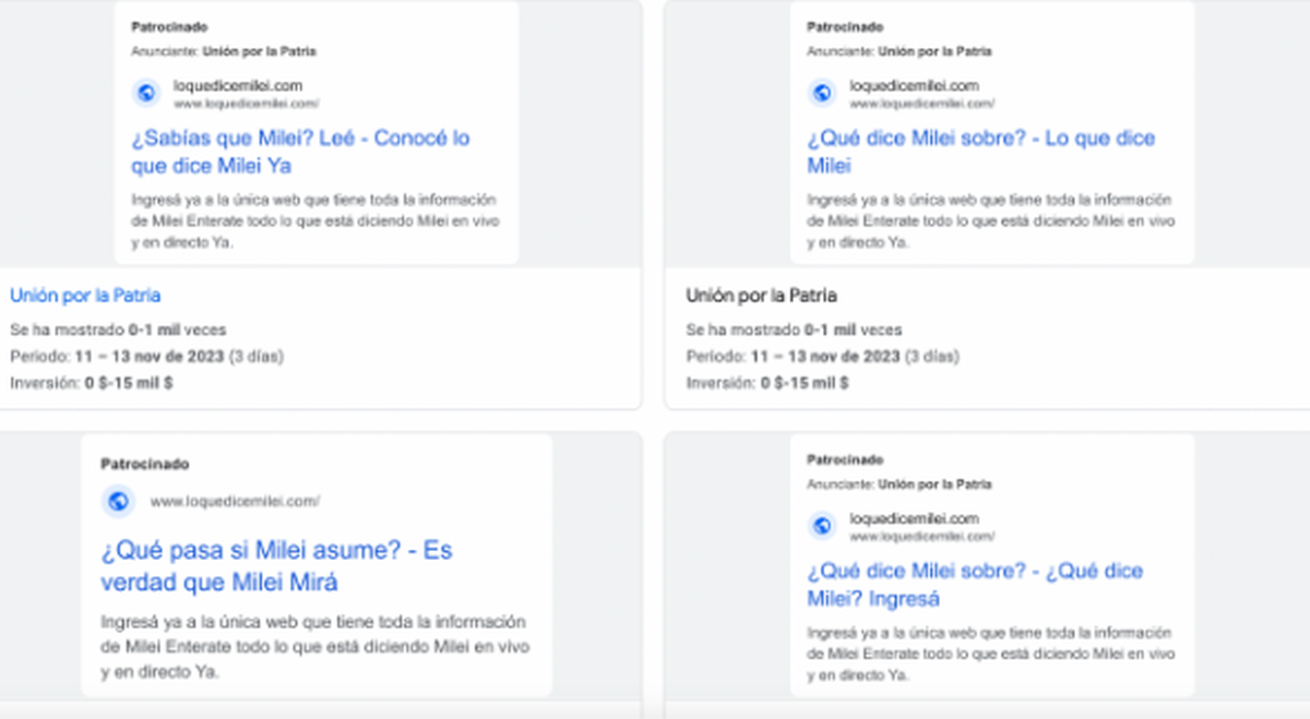 Algunos ejemplos de los anuncios pagos por “Unión por la Patria” del sitio web loquedicemilei.com Algunos ejemplos de los anuncios pagos por “Unión por la Patria” del sitio web loquedicemilei.com 