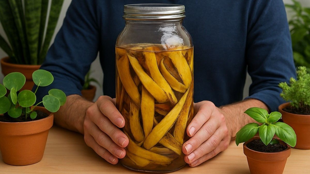 La cáscara de banana hervida con vinagre se usa como fertilizante líquido natural. La cáscara de banana hervida con vinagre se usa como fertilizante líquido natural.