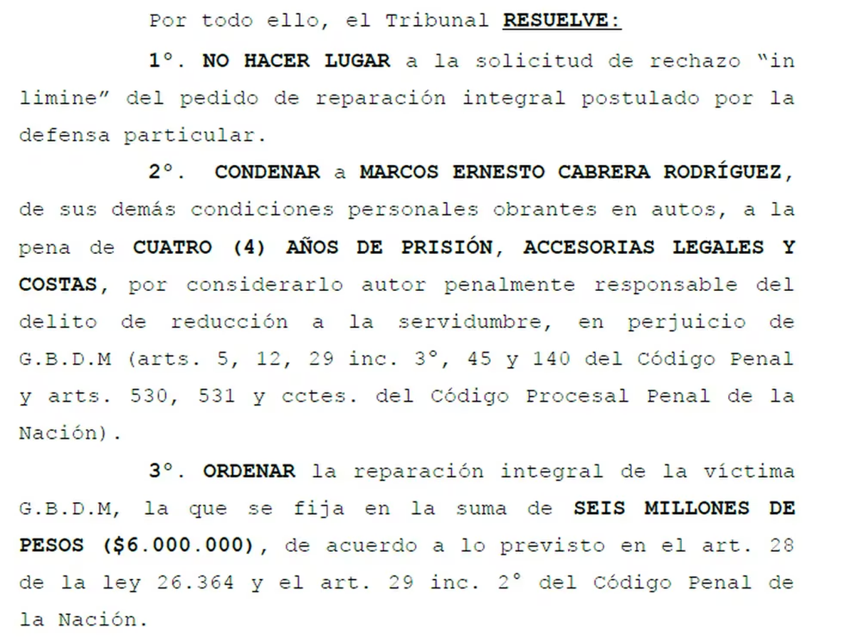 Un fragmento de la condena a Yao Cabrera. Un fragmento de la condena a Yao Cabrera.