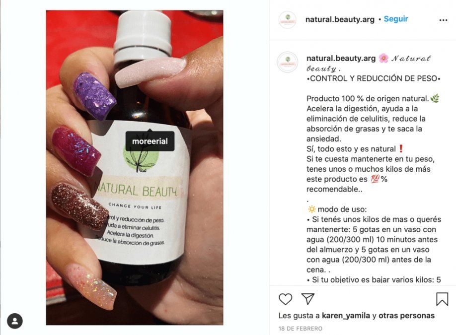 More Rial promocionó gotitas para adelgazar